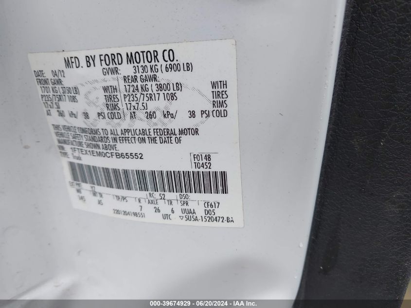 2012 Ford F150 Super Cab VIN: 1FTEX1EM0CFB65552 Lot: 39674929