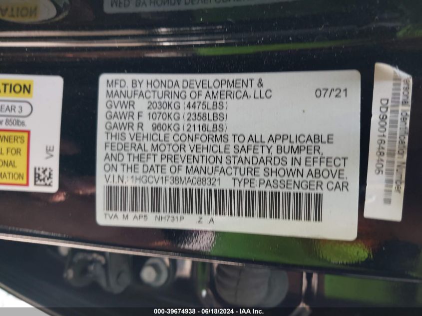 2021 Honda Accord Sport VIN: 1HGCV1F38MA088321 Lot: 39674938
