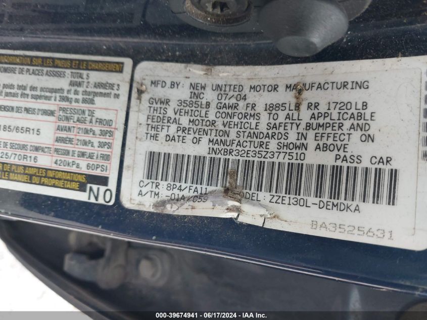 2005 Toyota Corolla Ce VIN: 1NXBR32E35Z377510 Lot: 39674941