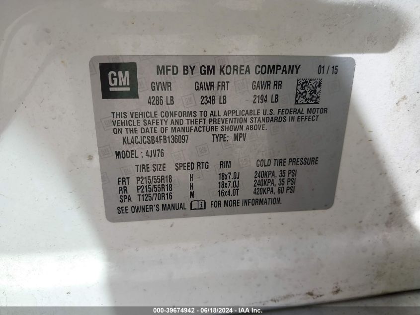 2015 Buick Encore Leather VIN: KL4CJCSB4FB136097 Lot: 39674942