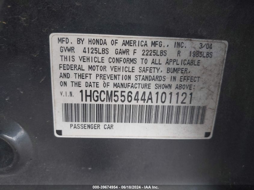 2004 Honda Accord 2.4 Ex VIN: 1HGCM55644A101121 Lot: 39674954