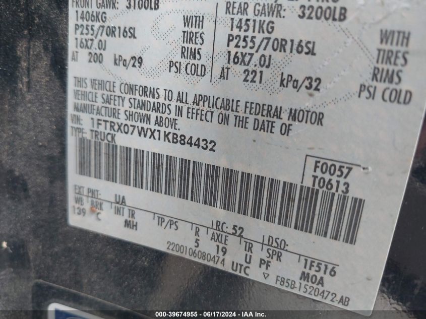 2001 Ford F-150 Lariat/Xl/Xlt VIN: 1FTRX07WX1KB84432 Lot: 39674955
