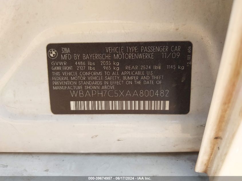 2010 BMW 328I VIN: WBAPH7C5XAA800482 Lot: 39674957