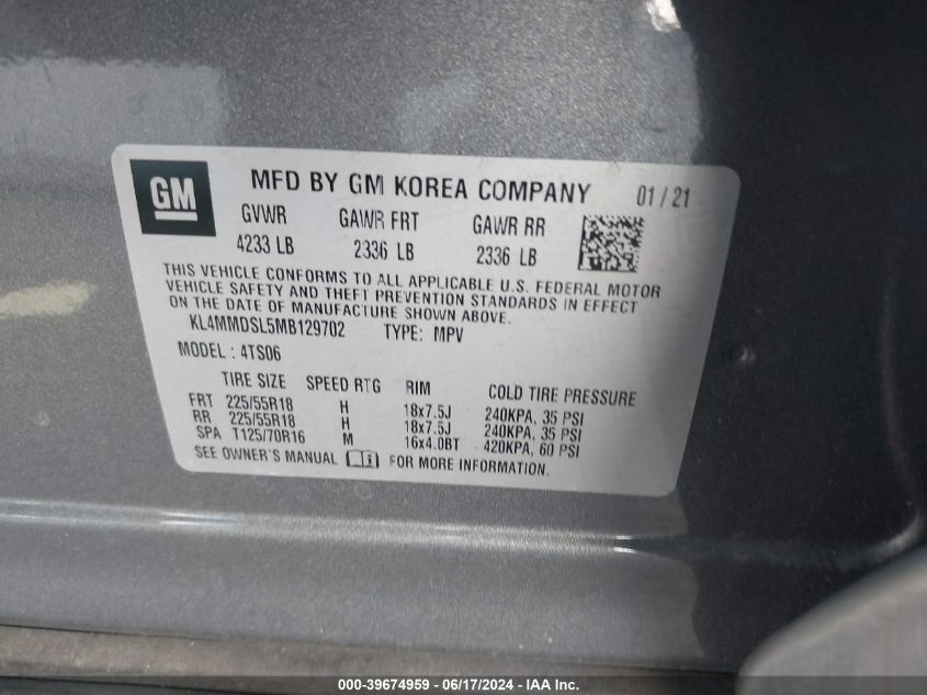 2021 Buick Encore Gx Fwd Select VIN: KL4MMDSL5MB129702 Lot: 39674959