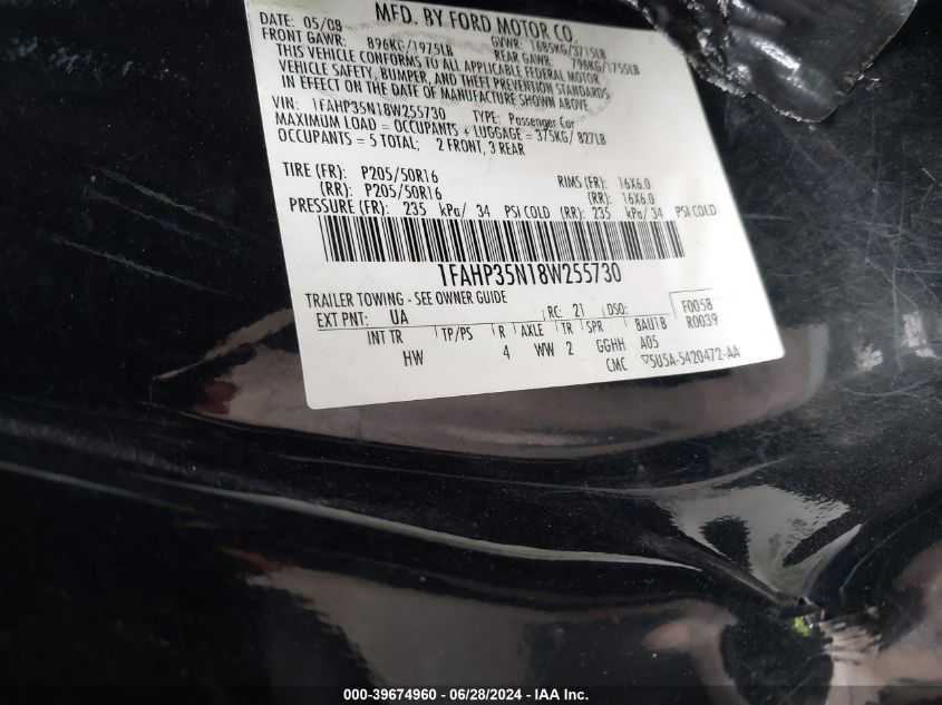 2008 Ford Focus Se/Ses VIN: 1FAHP35N18W255730 Lot: 39674960