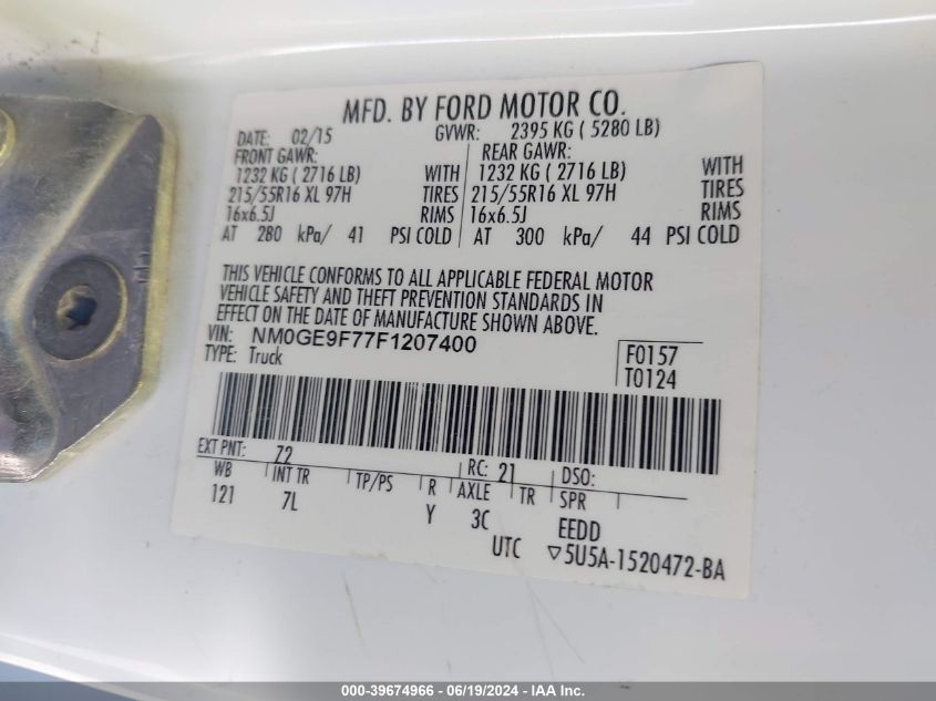 2015 Ford Transit Connect Xlt VIN: NM0GE9F77F1207400 Lot: 39674966