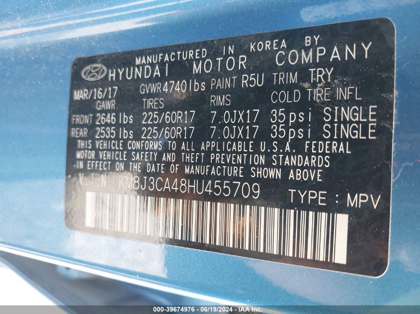 2017 Hyundai Tucson Se VIN: KM8J3CA48HU455709 Lot: 39674976
