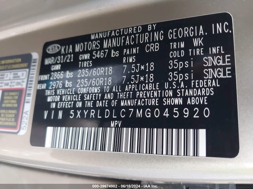 2021 Kia Sorento S VIN: 5XYRLDLC7MG045920 Lot: 39674982