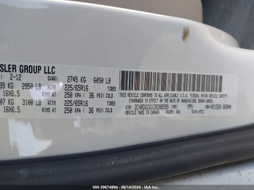 2012 Dodge Grand Caravan Sxt VIN: 2C4RDGCG1CR288599 Lot: 39674994