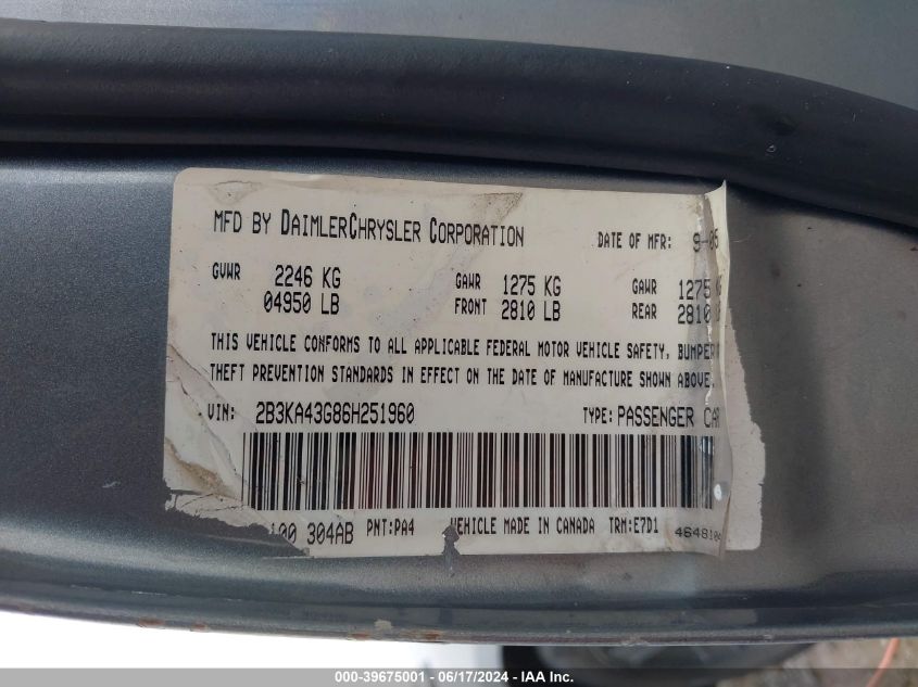 2006 Dodge Charger VIN: 2B3KA43G86H251960 Lot: 39675001