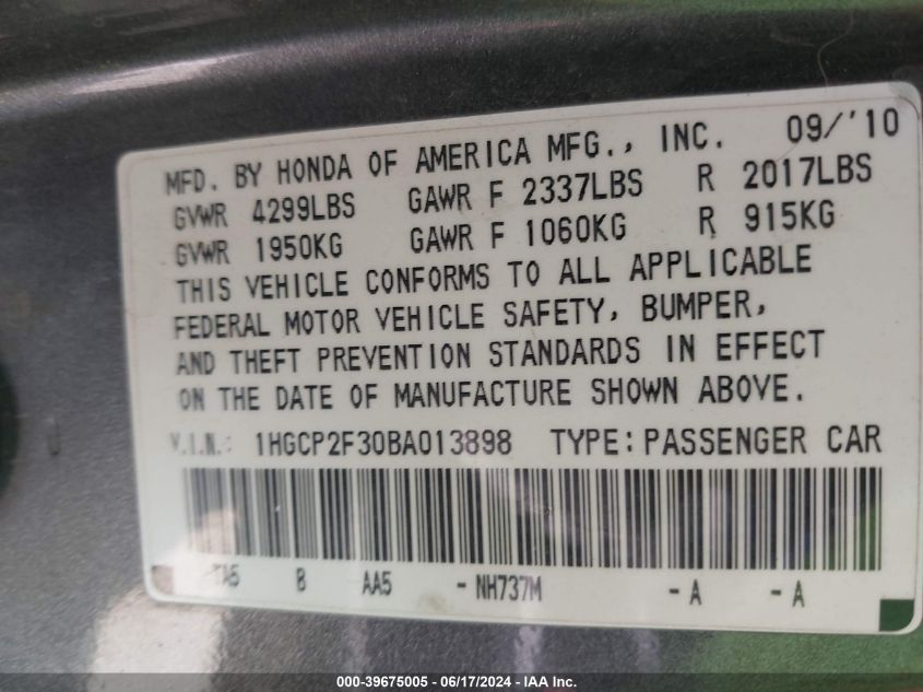 2011 Honda Accord 2.4 Lx VIN: 1HGCP2F30BA013898 Lot: 39675005