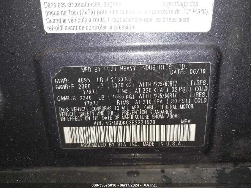 2011 Subaru Outback 3.6R Limited VIN: 4S4BRDKC3B2321529 Lot: 39675010