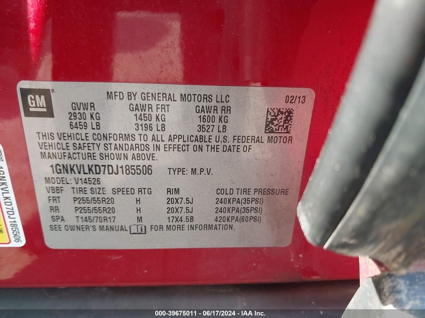 2013 Chevrolet Traverse Ltz VIN: 1GNKVLKD7DJ185506 Lot: 39675011