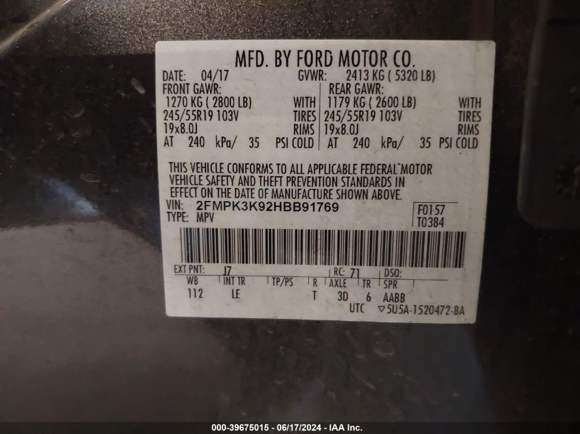 2017 Ford Edge Titanium VIN: 2FMPK3K92HBB91769 Lot: 39675015