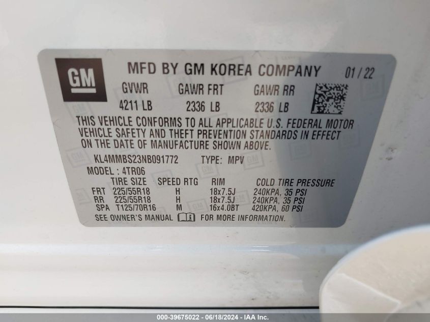 2022 Buick Encore Gx Fwd Preferred VIN: KL4MMBS23NB091772 Lot: 39675022