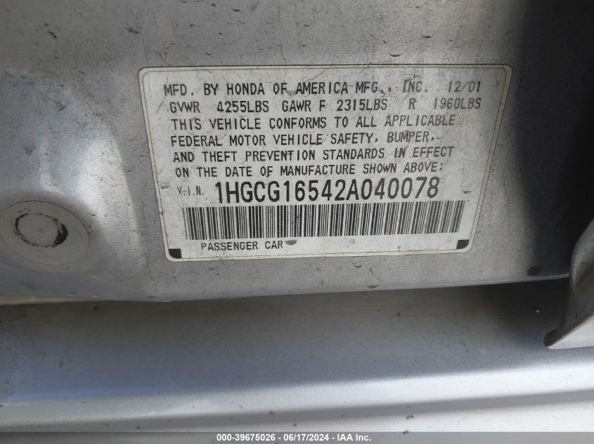 1HGCG16542A040078 2002 Honda Accord 3.0 Ex