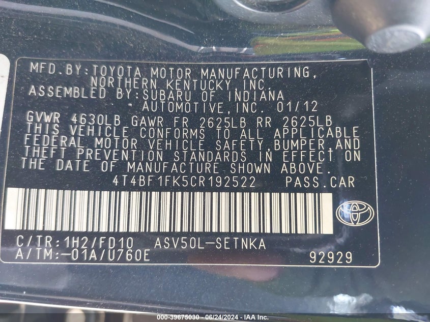 2012 Toyota Camry Le VIN: 4T4BF1FK5CR192522 Lot: 39675030