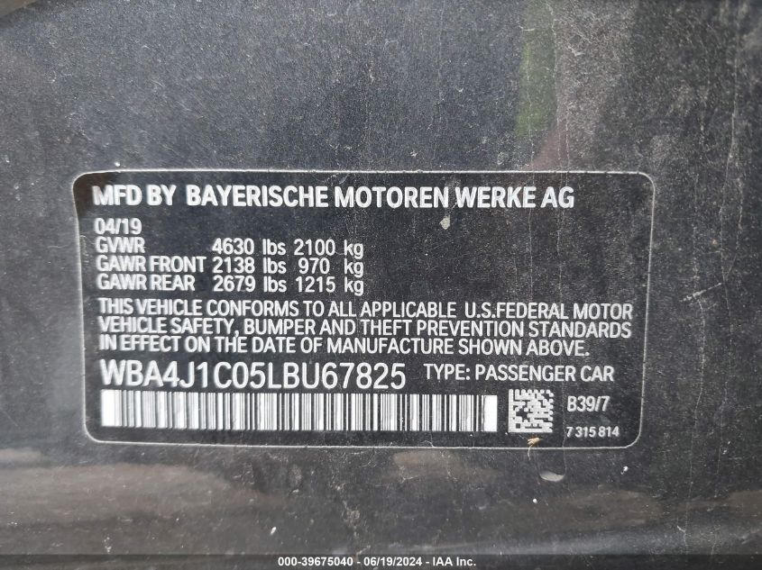 WBA4J1C05LBU67825 2020 BMW 430I Gran Coupe