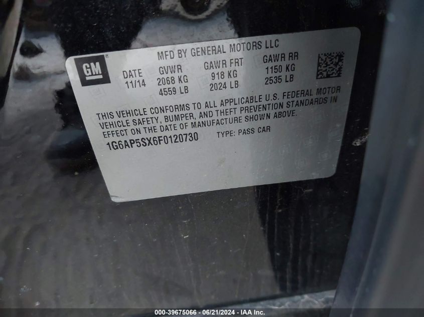 2015 Cadillac Cts VIN: 1G6AP5SX6F0120730 Lot: 39675066