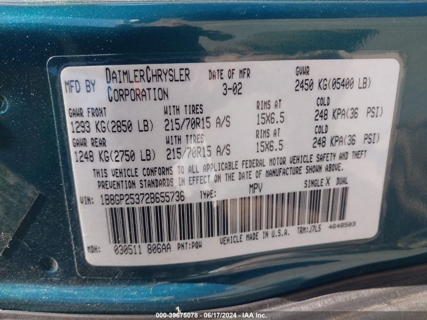 2002 Dodge Caravan Se VIN: 1B8GP25372B655736 Lot: 39675078