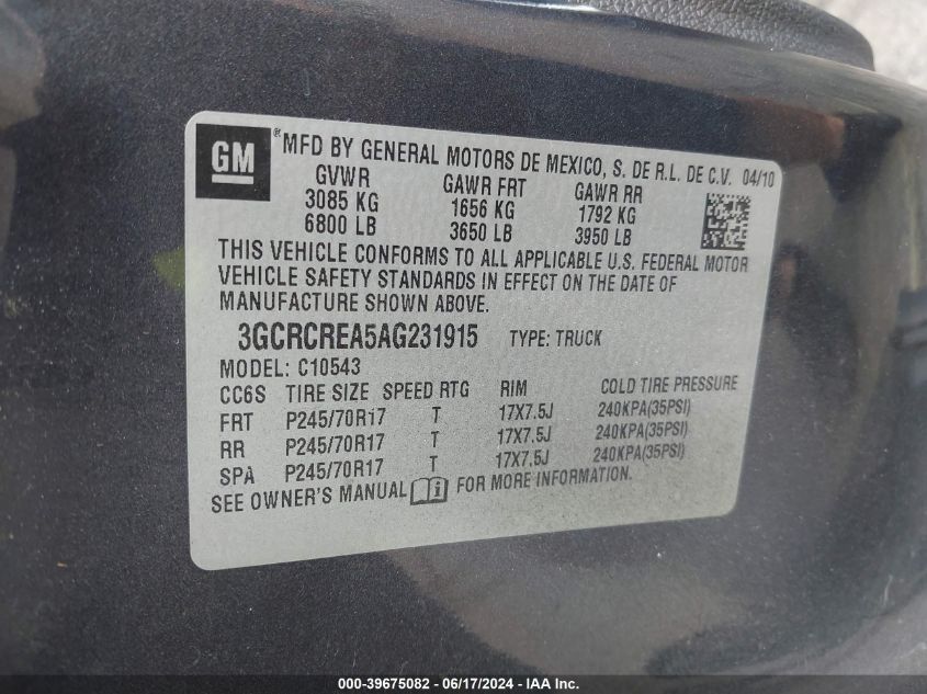 2010 Chevrolet Silverado 1500 Ls VIN: 3GCRCREA5AG231915 Lot: 39675082