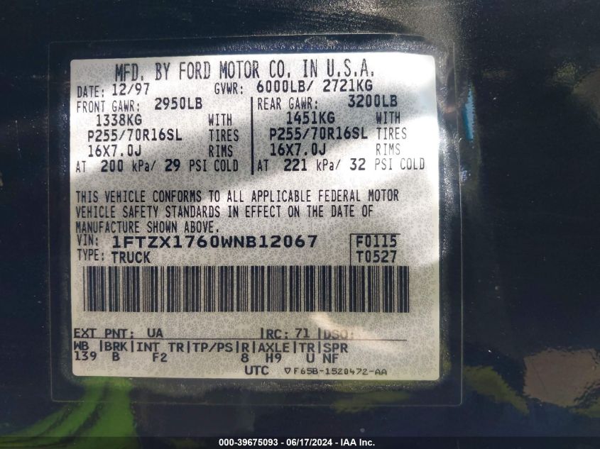 1998 Ford F-150 Lariat/Standard/Xl/Xlt VIN: 1FTZX1760WNB12067 Lot: 39675093