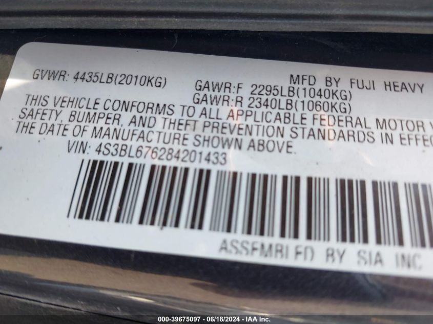 2008 Subaru Legacy 2.5Gt Limited VIN: 4S3BL676284201433 Lot: 39675097