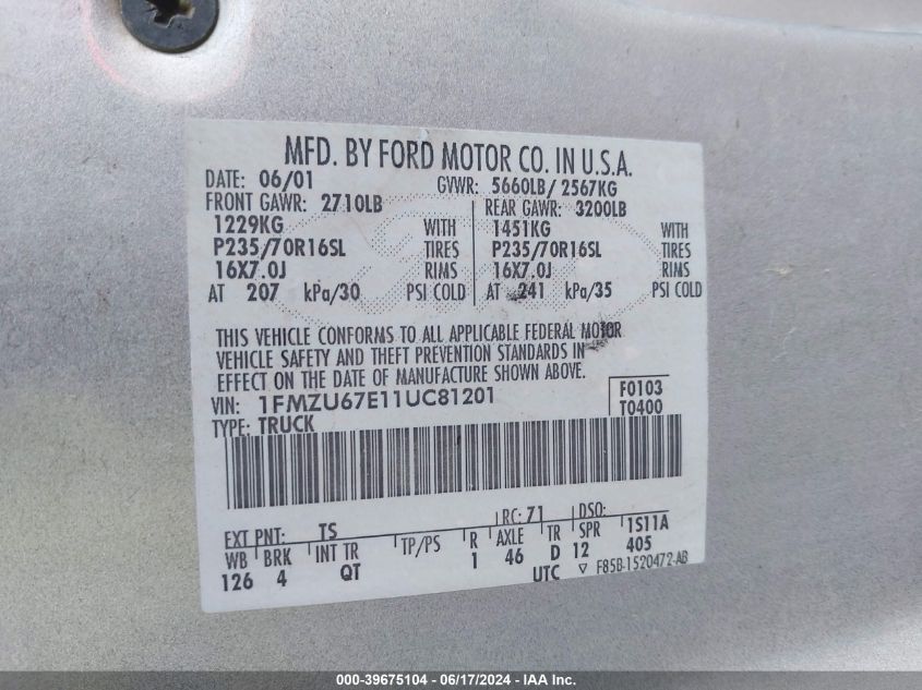 2001 Ford Explorer Sport Trac VIN: 1FMZU67E11UC81201 Lot: 39675104