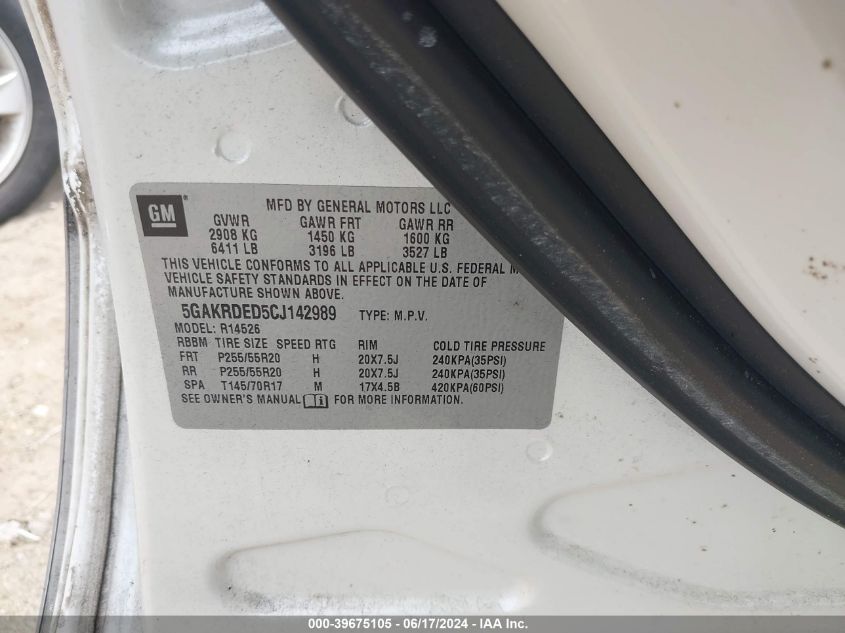 2012 Buick Enclave Premium VIN: 5GAKRDED5CJ142989 Lot: 39675105