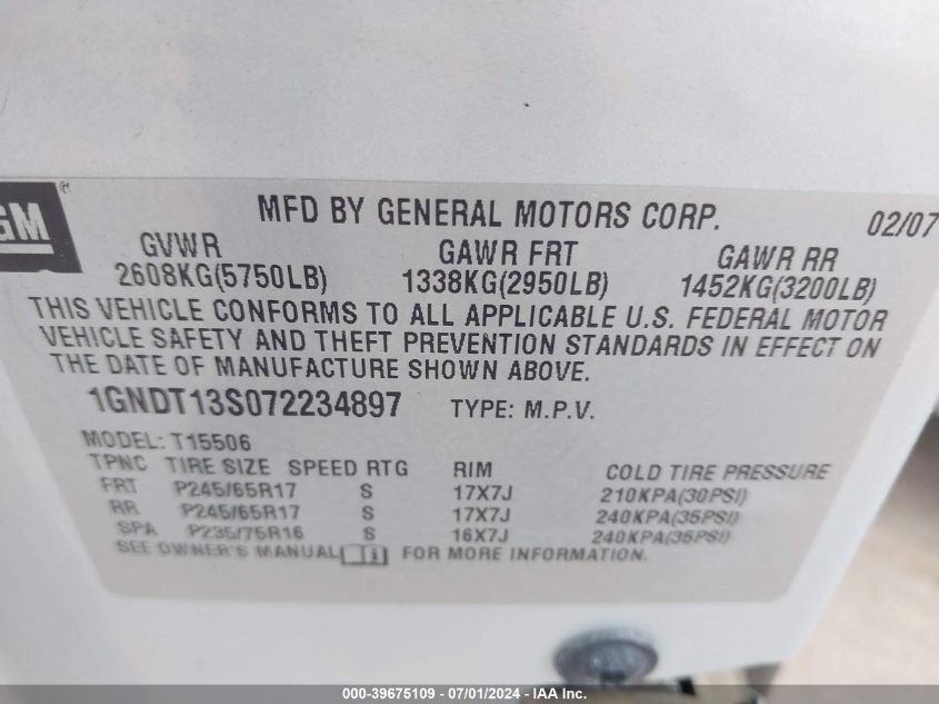 2007 Chevrolet Trailblazer Lt VIN: 1GNDT13S072234897 Lot: 39675109