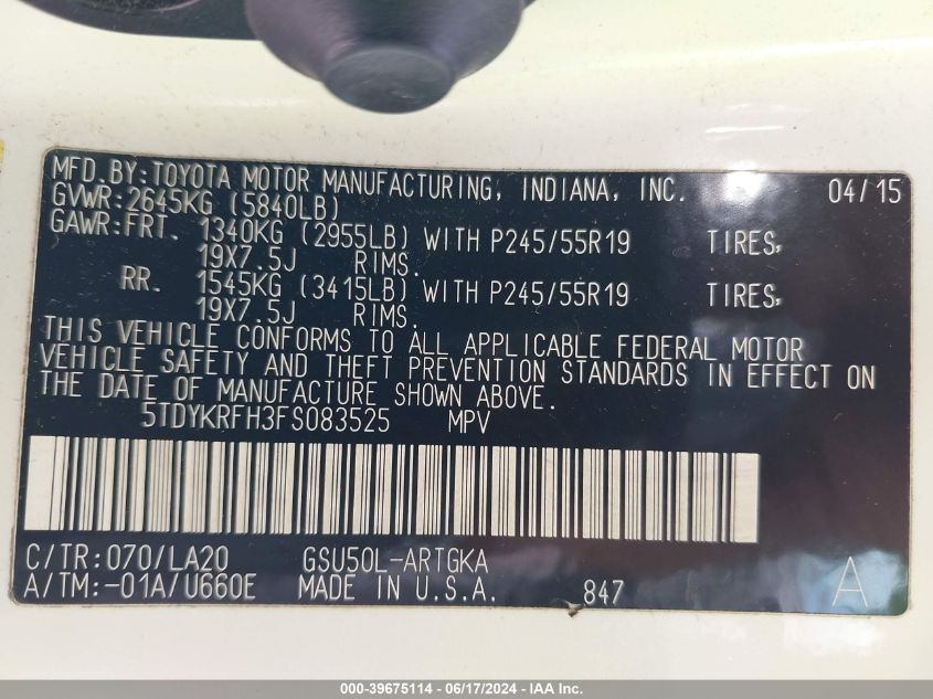 2015 Toyota Highlander Limited Platinum V6 VIN: 5TDYKRFH3FS083525 Lot: 39675114