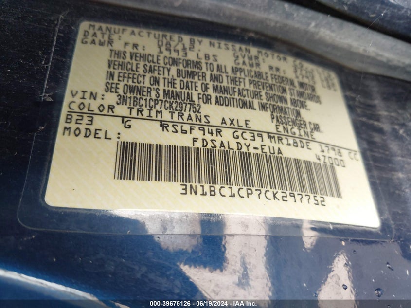 2012 Nissan Versa 1.8 S VIN: 3N1BC1CP7CK297752 Lot: 39675126