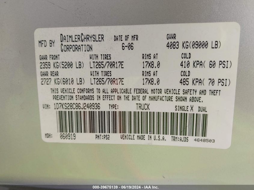2006 Dodge Ram 2500 St/Slt VIN: 1D7KS28C86J240936 Lot: 39675139