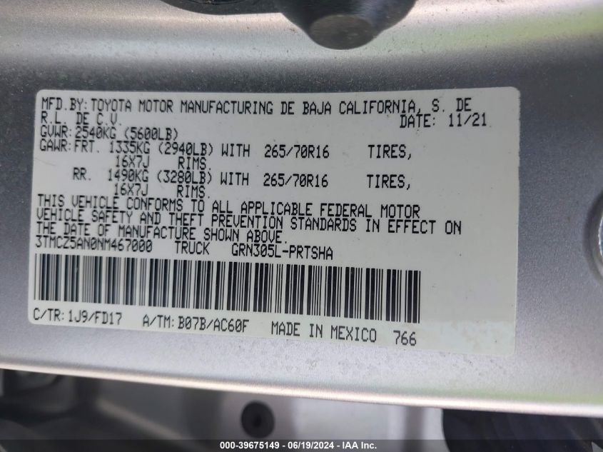 2022 Toyota Tacoma Trd Off Road VIN: 3TMCZ5AN0NM467000 Lot: 39675149