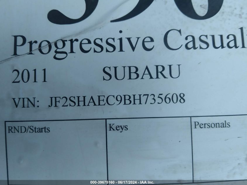 2011 Subaru Forester 2.5X Limited VIN: JF2SHAEC9BH735608 Lot: 39675160