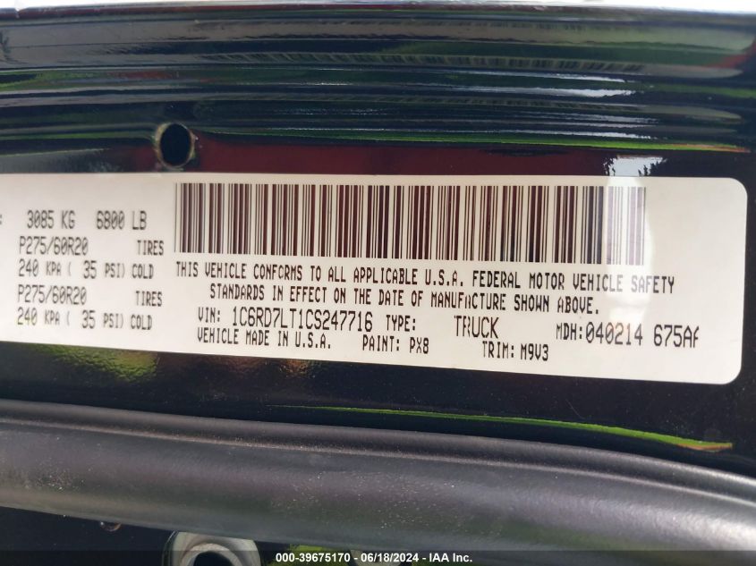 2012 Ram 1500 Slt VIN: 1C6RD7LT1CS247716 Lot: 39675170