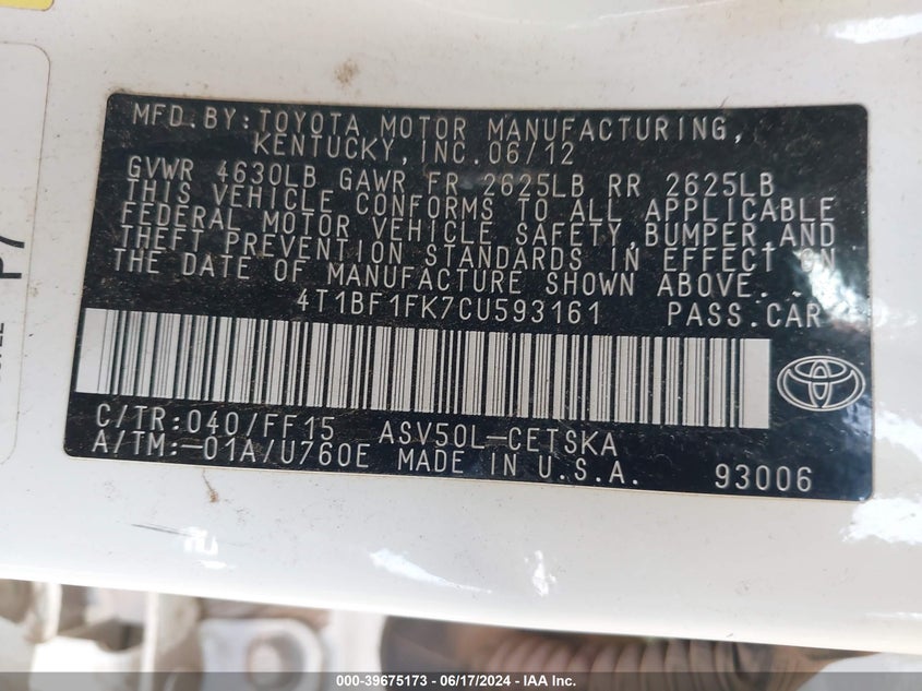 2012 Toyota Camry Se VIN: 4T1BF1FK7CU593161 Lot: 39675173