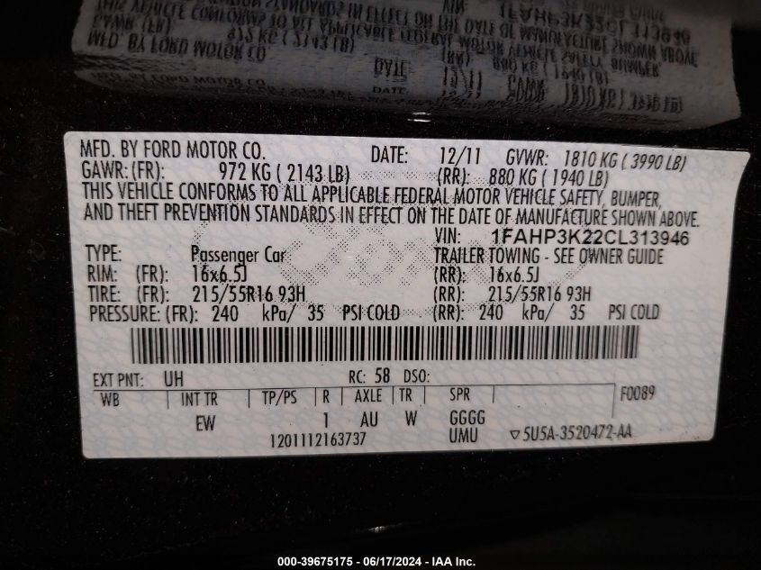 2012 Ford Focus Se VIN: 1FAHP3K22CL313946 Lot: 39675175