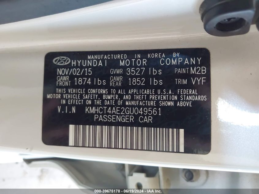 2016 Hyundai Accent Se VIN: KMHCT4AE2GU049561 Lot: 39675178