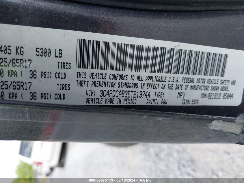 2014 Dodge Journey Se VIN: 3C4PDCAB3ET219744 Lot: 39675179