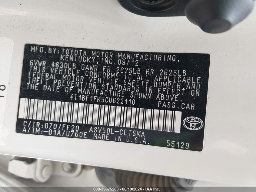 2012 Toyota Camry Se Limited Edition VIN: 4T1BF1FK5CU622110 Lot: 39675203