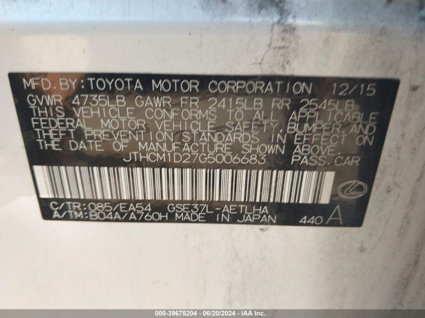 2016 Lexus Is 300 VIN: JTHCM1D27G5006683 Lot: 39675204