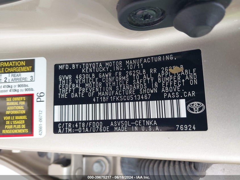 2012 Toyota Camry Le VIN: 4T1BF1FK5CU513467 Lot: 39675217