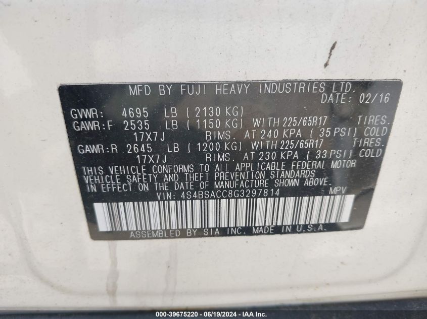 2016 Subaru Outback 2.5I Premium VIN: 4S4BSACC8G3297814 Lot: 39675220