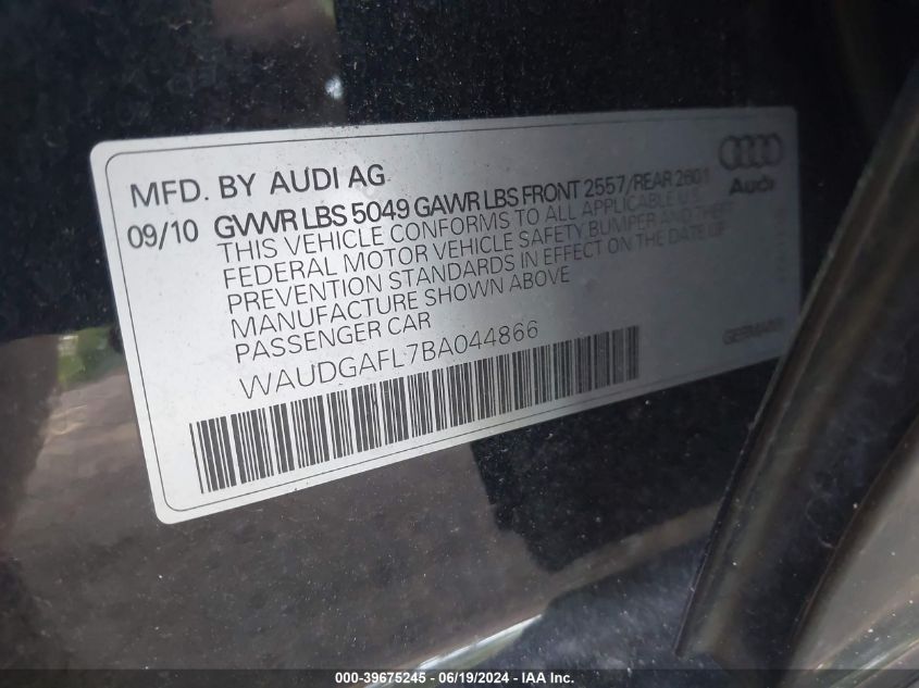 2011 Audi S4 Premium Plus VIN: WAUDGAFL7BA044866 Lot: 39675245