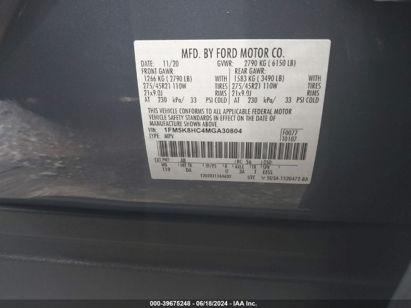 2021 Ford Explorer Platinum VIN: 1FM5K8HC4MGA30804 Lot: 39675248