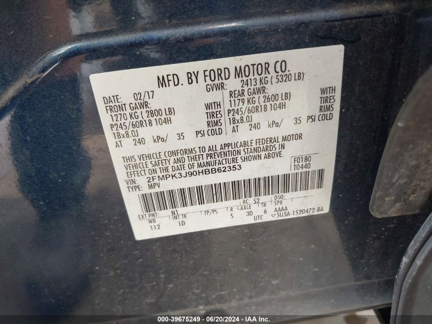 2017 Ford Edge Sel VIN: 2FMPK3J90HBB62353 Lot: 39675249