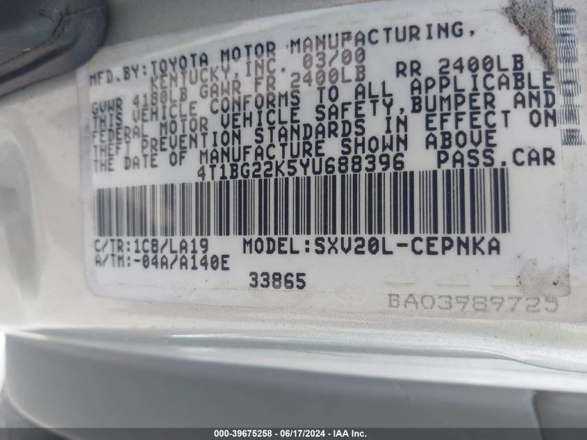 2000 Toyota Camry Le VIN: 4T1BG22K5YU688396 Lot: 39675258