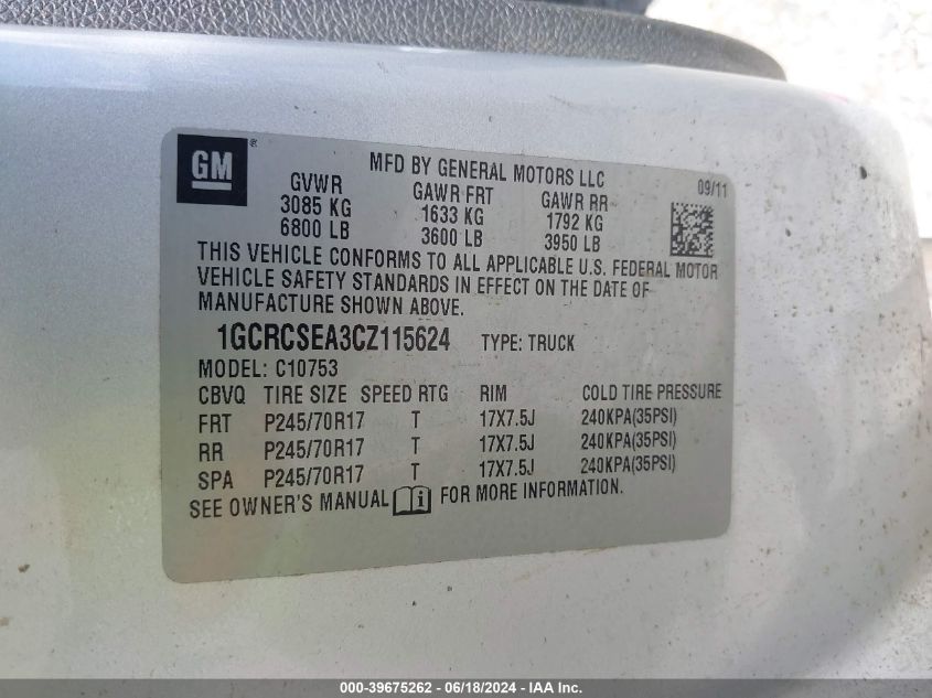 2012 Chevrolet Silverado 1500 Lt VIN: 1GCRCSEA3CZ115624 Lot: 39675262