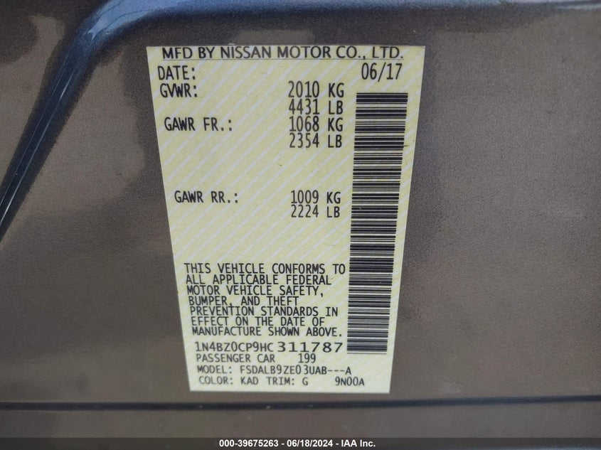 2017 Nissan Leaf S VIN: 1N4BZ0CP9HC311787 Lot: 39675263